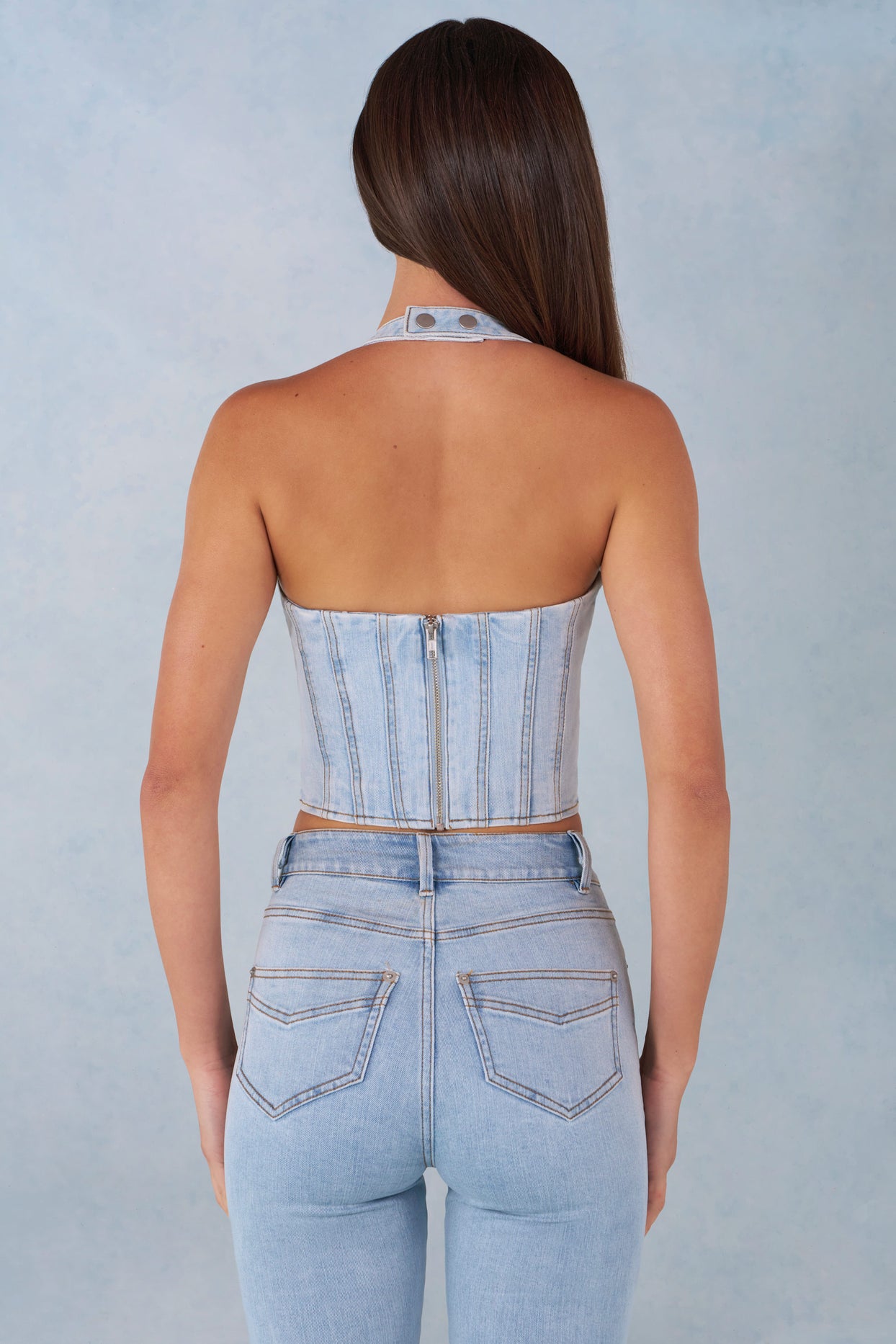 Halterneck Denim Corset Style Top  in Light Denim - 6