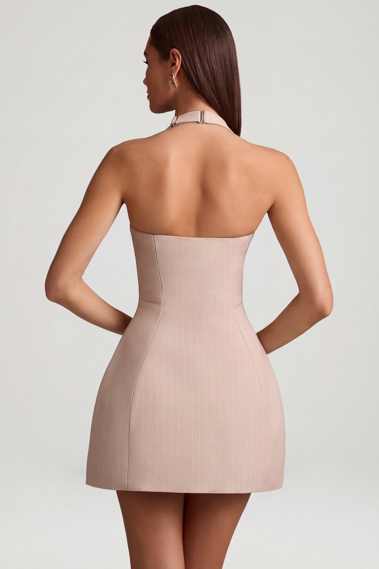 Pinstripe Halterneck Structured A-Line Mini Dress in Mushroom - 3