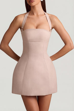 Oh Polly's Anna wearing the Odessa Mini Dress in Mushroom Stretch Woven fabric perfect for cocktail parties