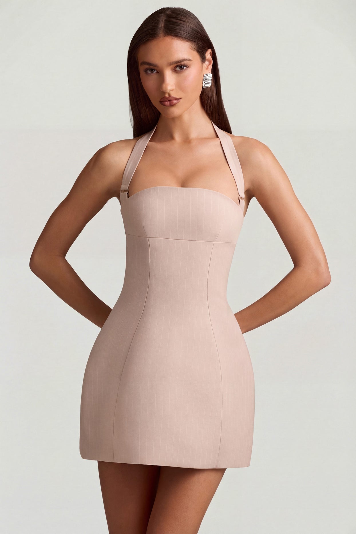 Pinstripe Halterneck Structured A-Line Mini Dress in Mushroom - 7