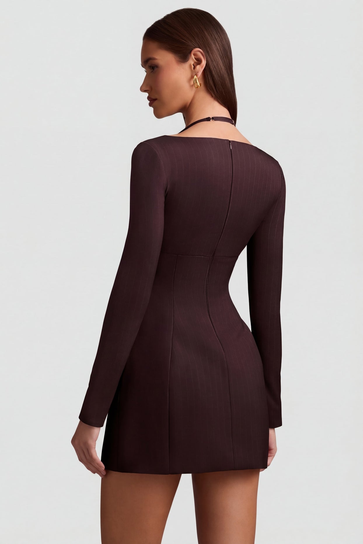 Pinstripe Structured A-Line Mini Dress in Chocolate Brown - 3
