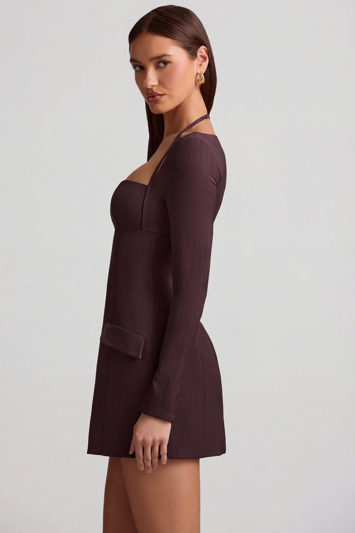 Pinstripe Structured A-Line Mini Dress in Chocolate Brown - 4