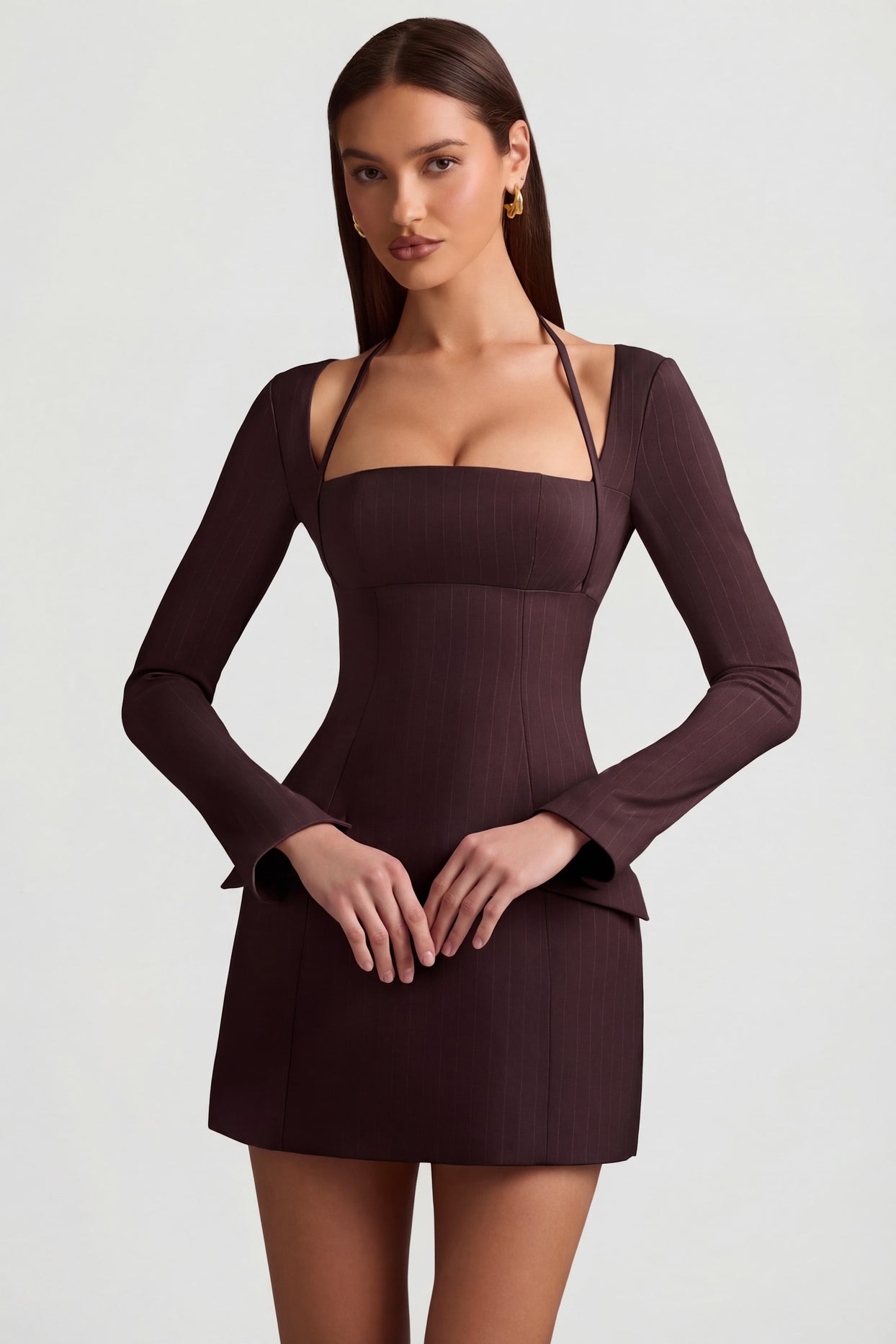 Pinstripe Structured A-Line Mini Dress in Chocolate Brown - 8