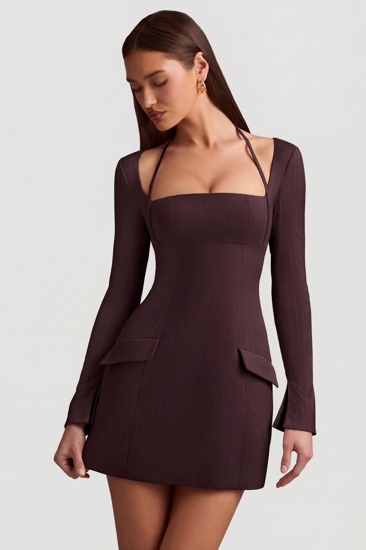 Pinstripe Structured A-Line Mini Dress in Chocolate Brown - 7