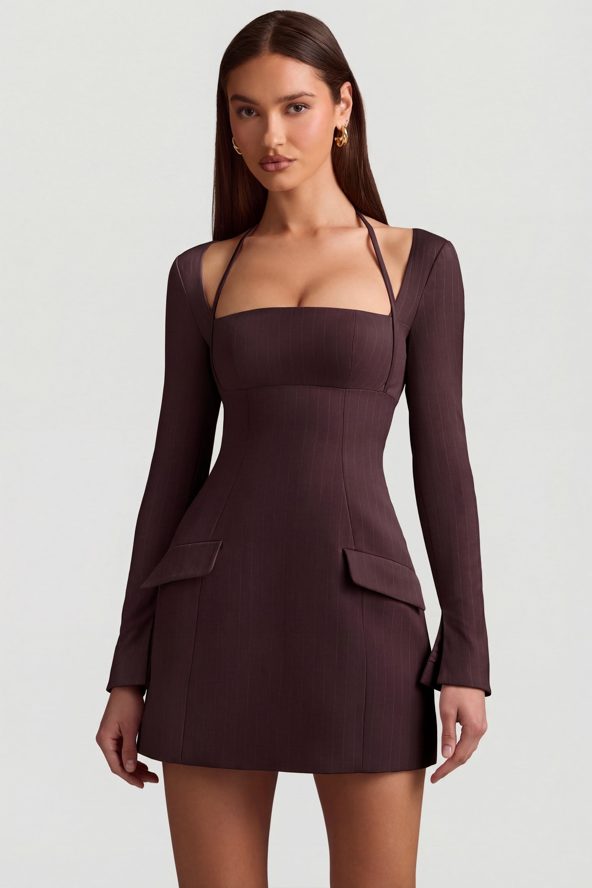 Taesha Square-Neck Structured Tulip Mini Dress in Wine Red | Oh