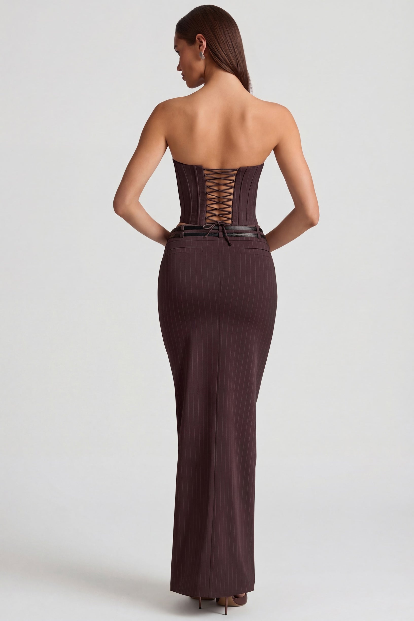 Pinstripe Low-Rise Maxi Skirt in Chocolate Brown - 2