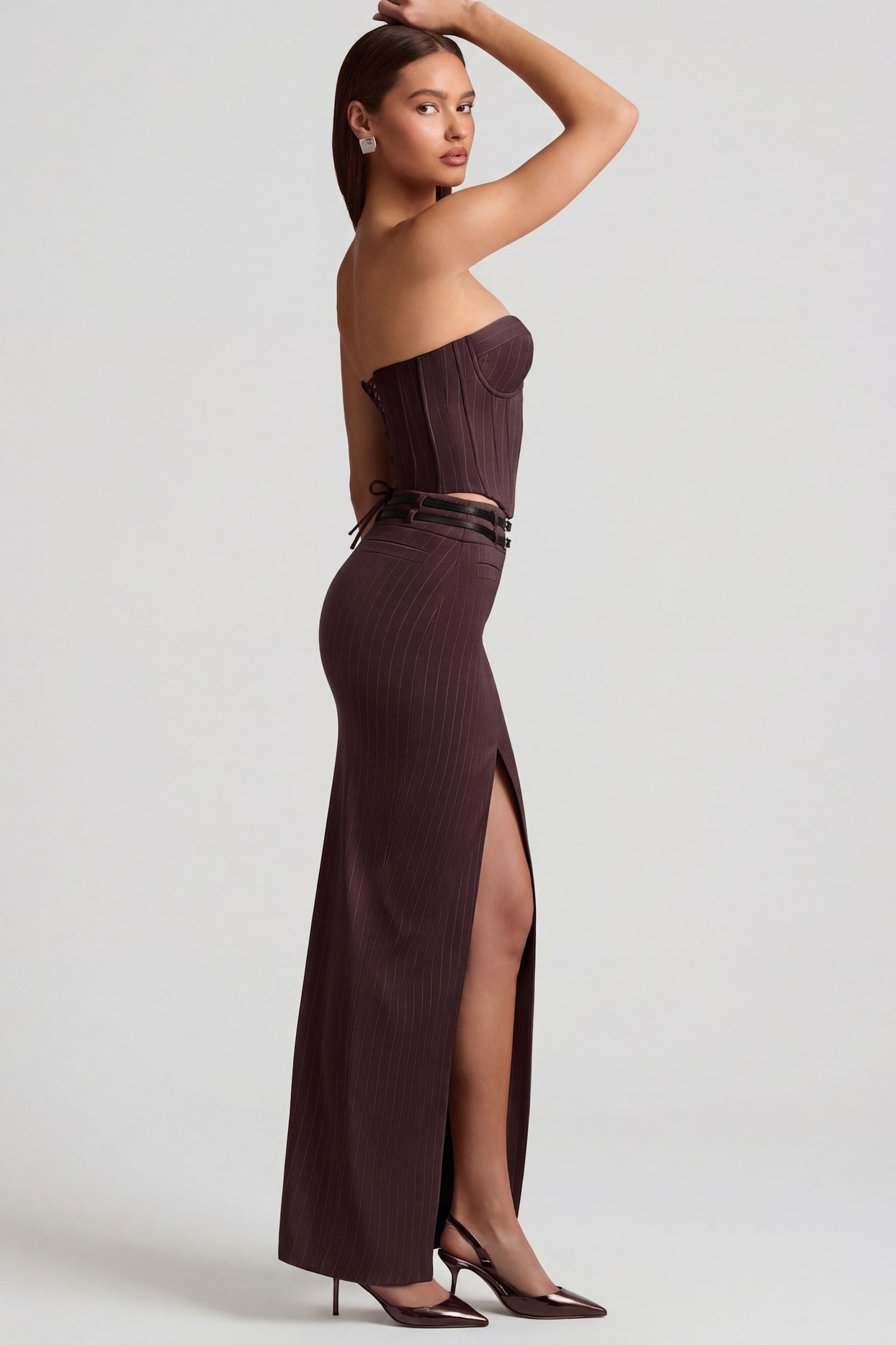 Pinstripe Low-Rise Maxi Skirt in Chocolate Brown - 3