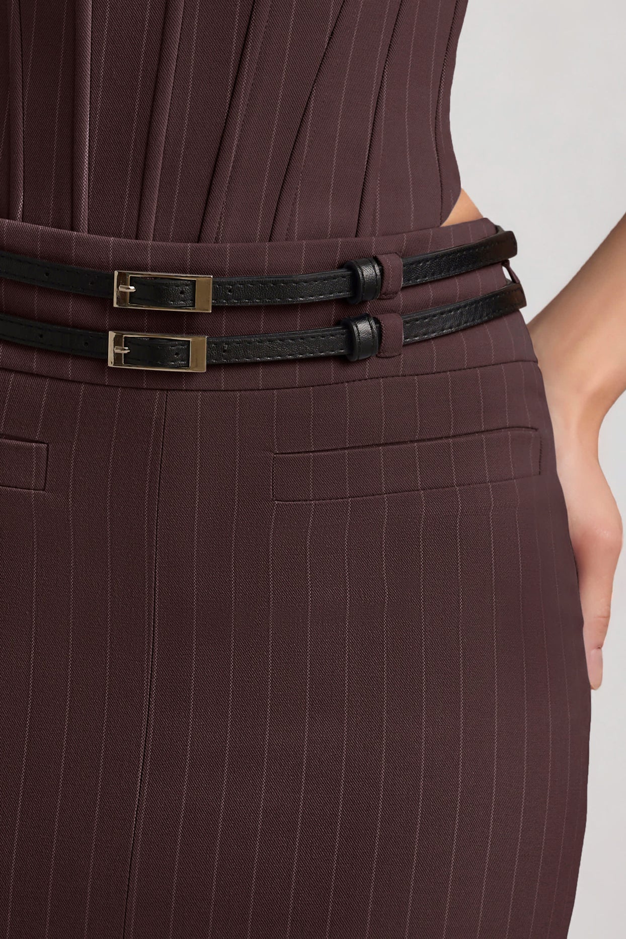 Pinstripe Low-Rise Maxi Skirt in Chocolate Brown - 4