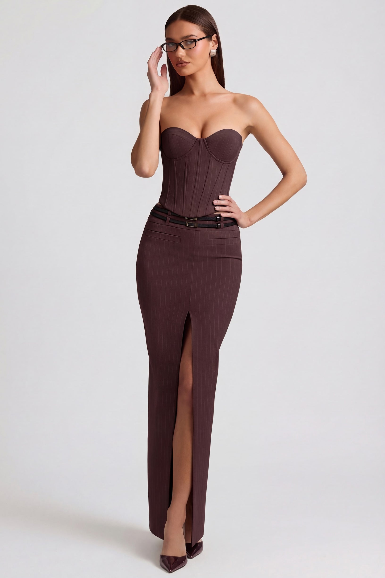 Pinstripe Low-Rise Maxi Skirt in Chocolate Brown - 1