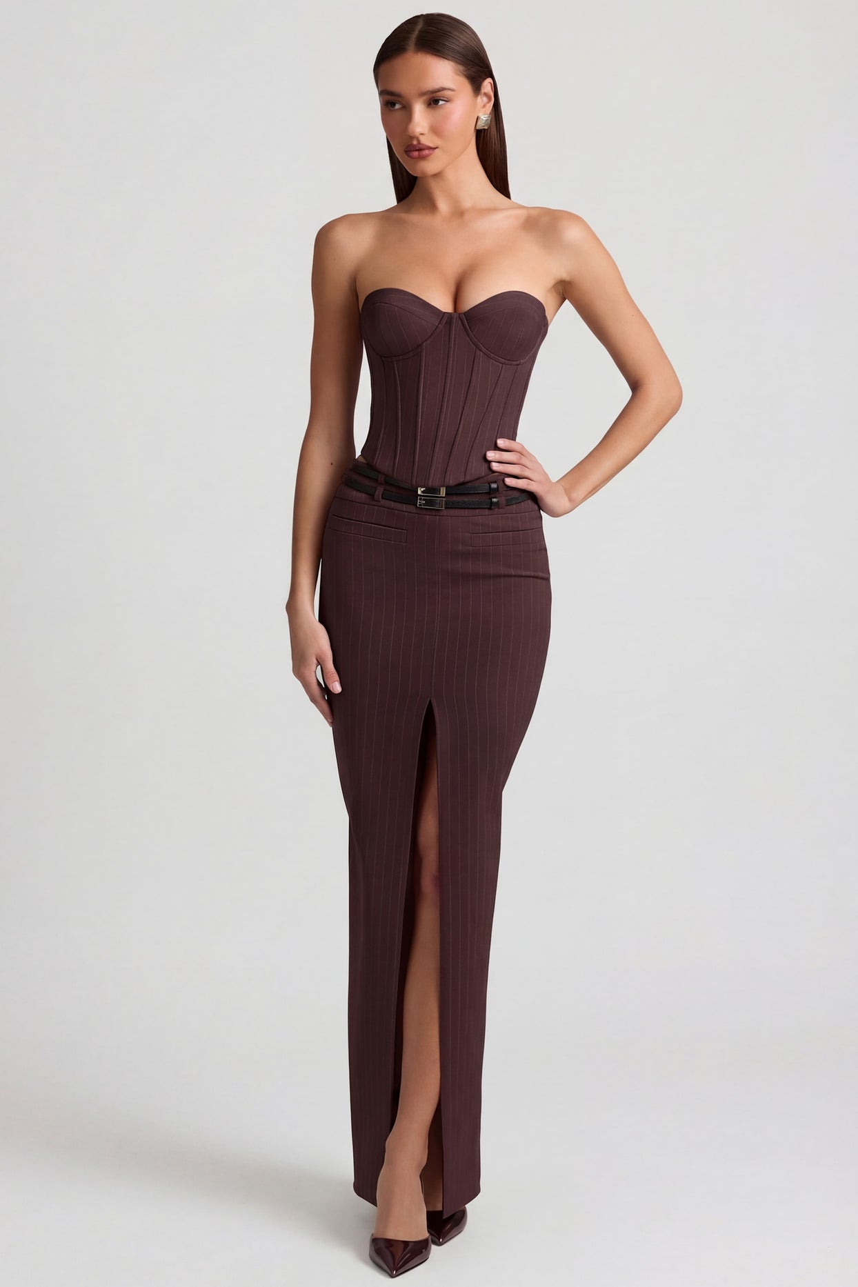 Pinstripe Low-Rise Maxi Skirt in Chocolate Brown - 6