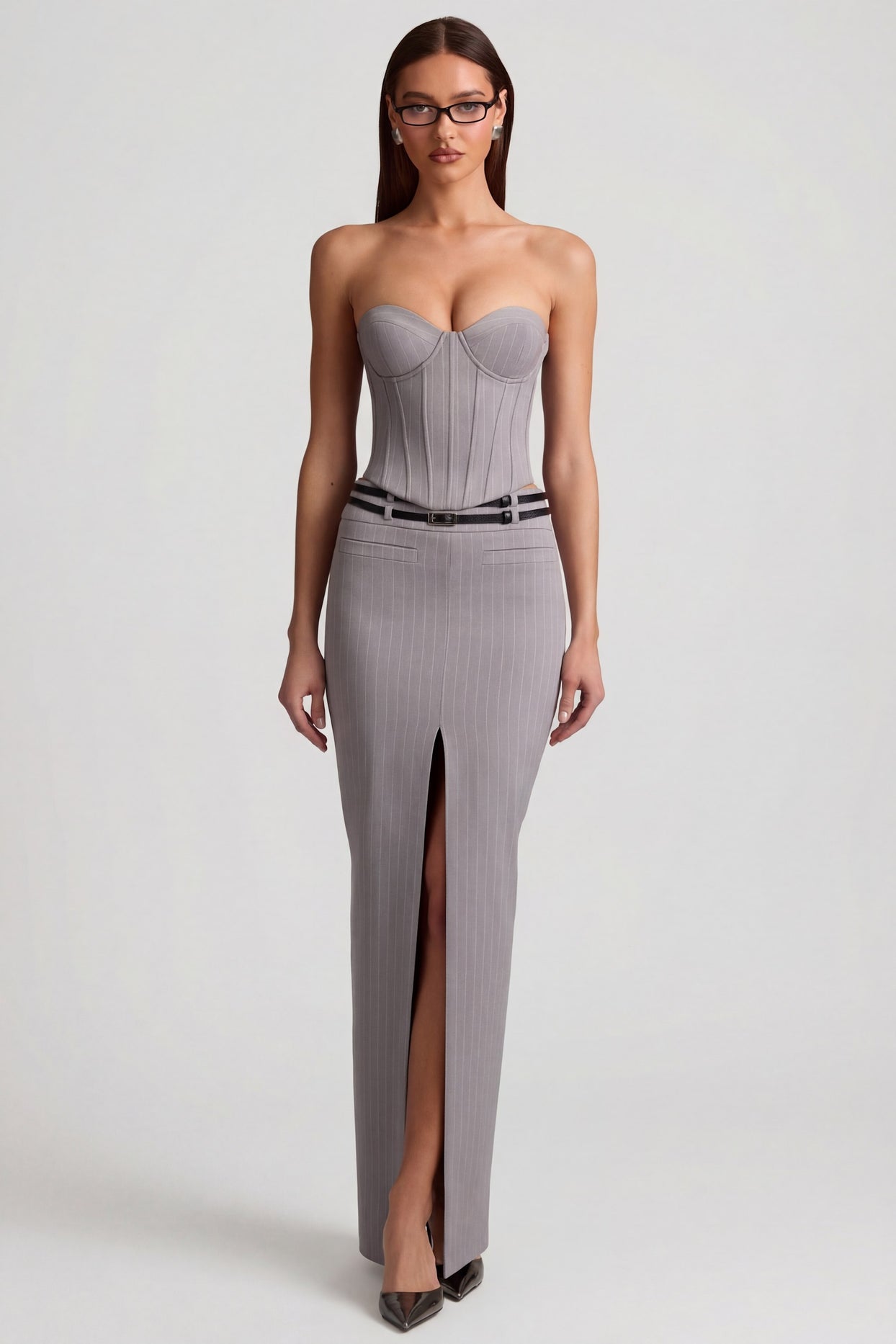 Pinstripe Low-Rise Maxi Skirt in Grey - 5