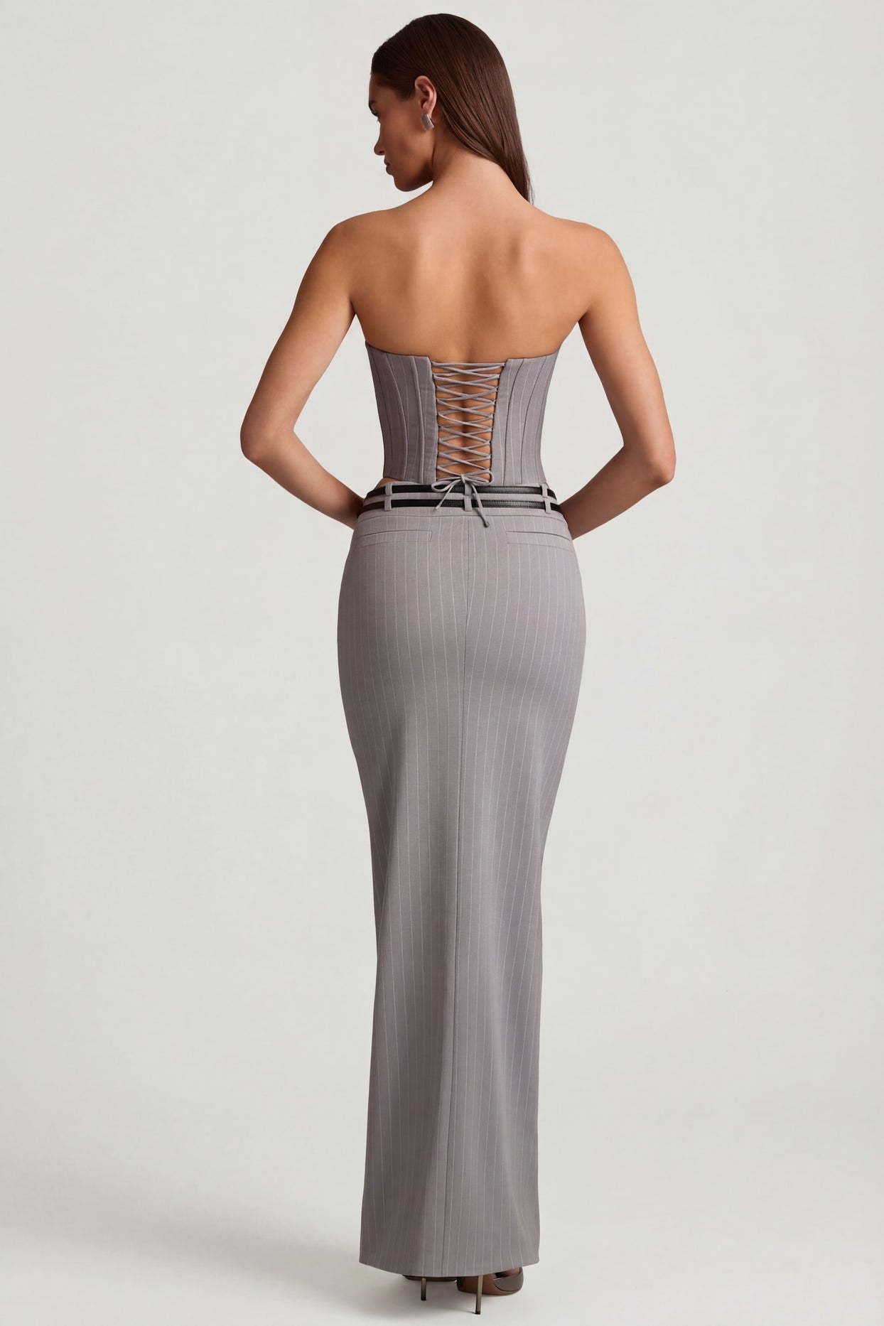 Pinstripe Low-Rise Maxi Skirt in Grey - 2