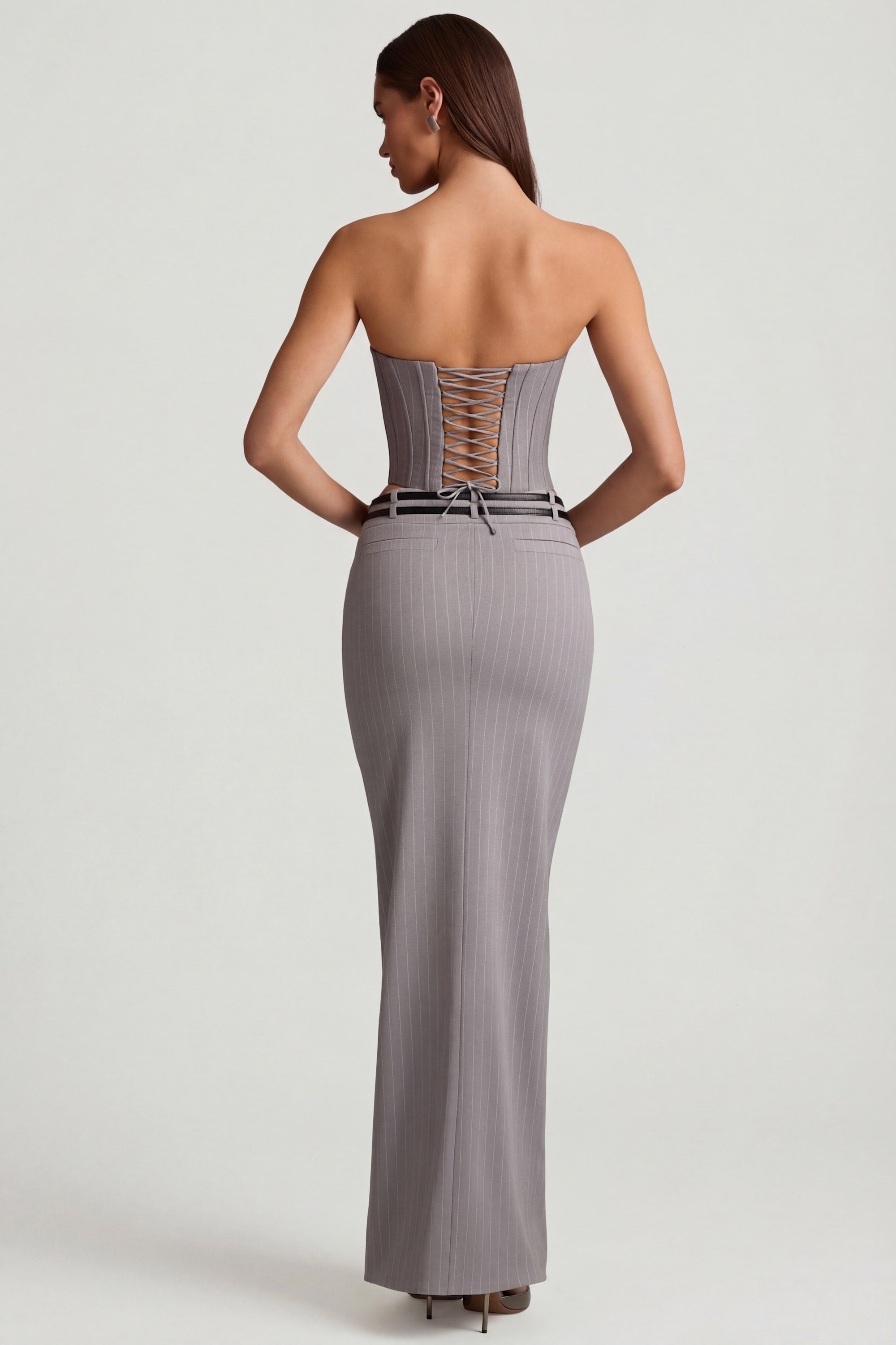 Pinstripe Low-Rise Maxi Skirt in Grey - 2