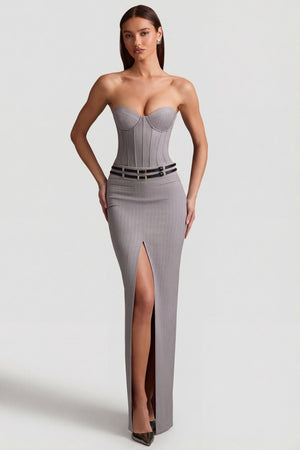 Oh Polly's Anna wearing the Liora Maxi Skirt in Grey fabric perfect for beachside dinners