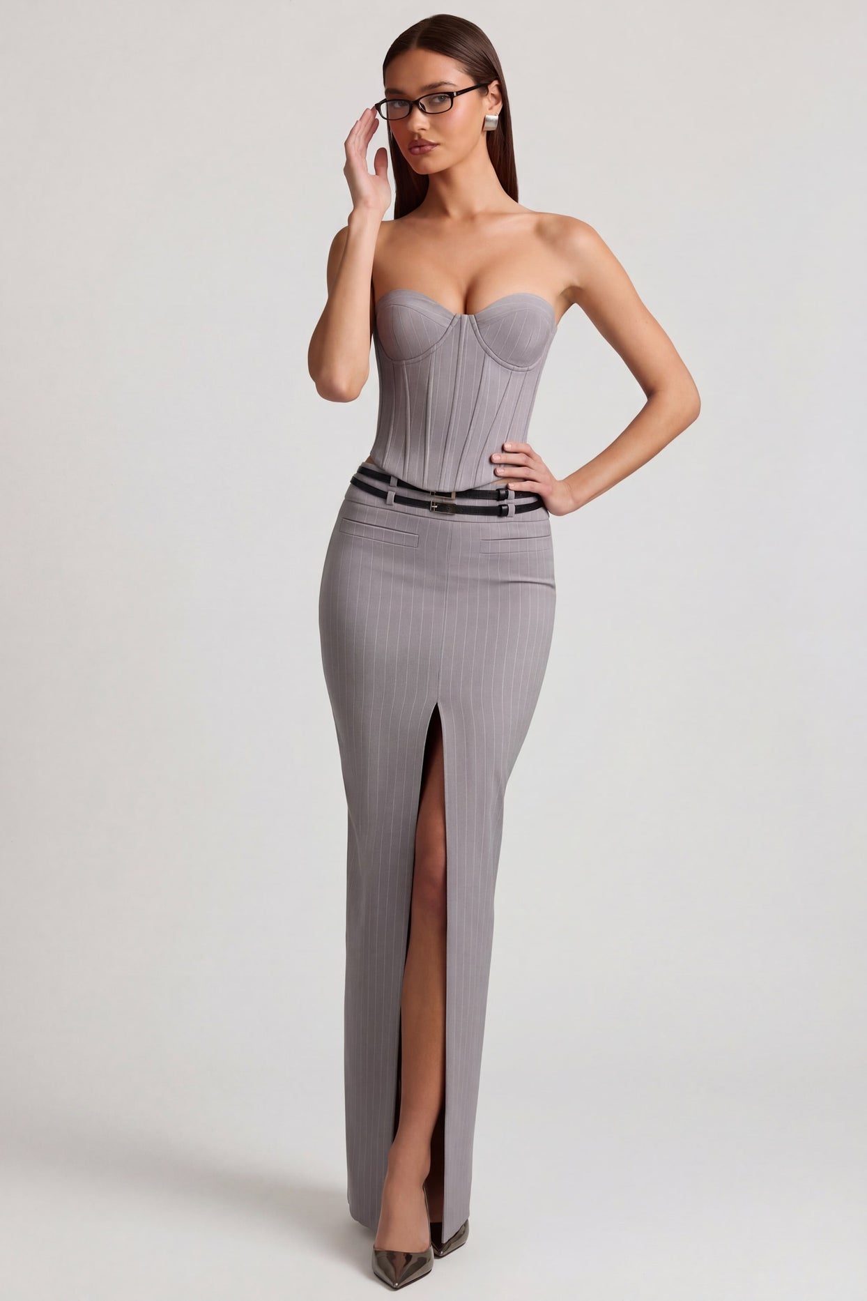 Pinstripe Low-Rise Maxi Skirt in Grey - 7