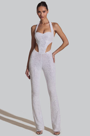 Oh Polly's Anna wearing the Coralena Regular Jumpsuit in White Embellished, Mesh fabric perfect for summer parties