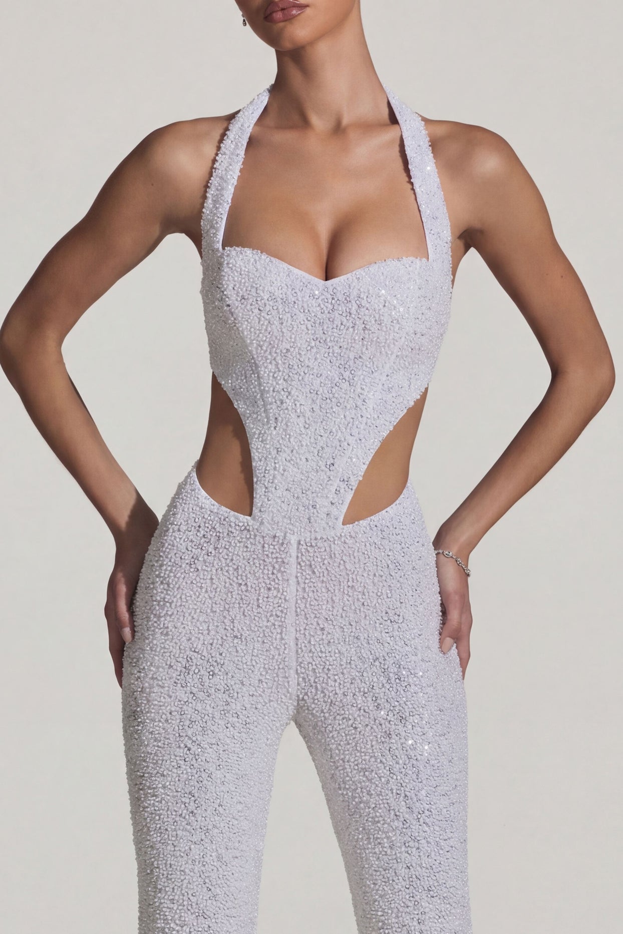 Embellished Cut-Out Jumpsuit in White - 4