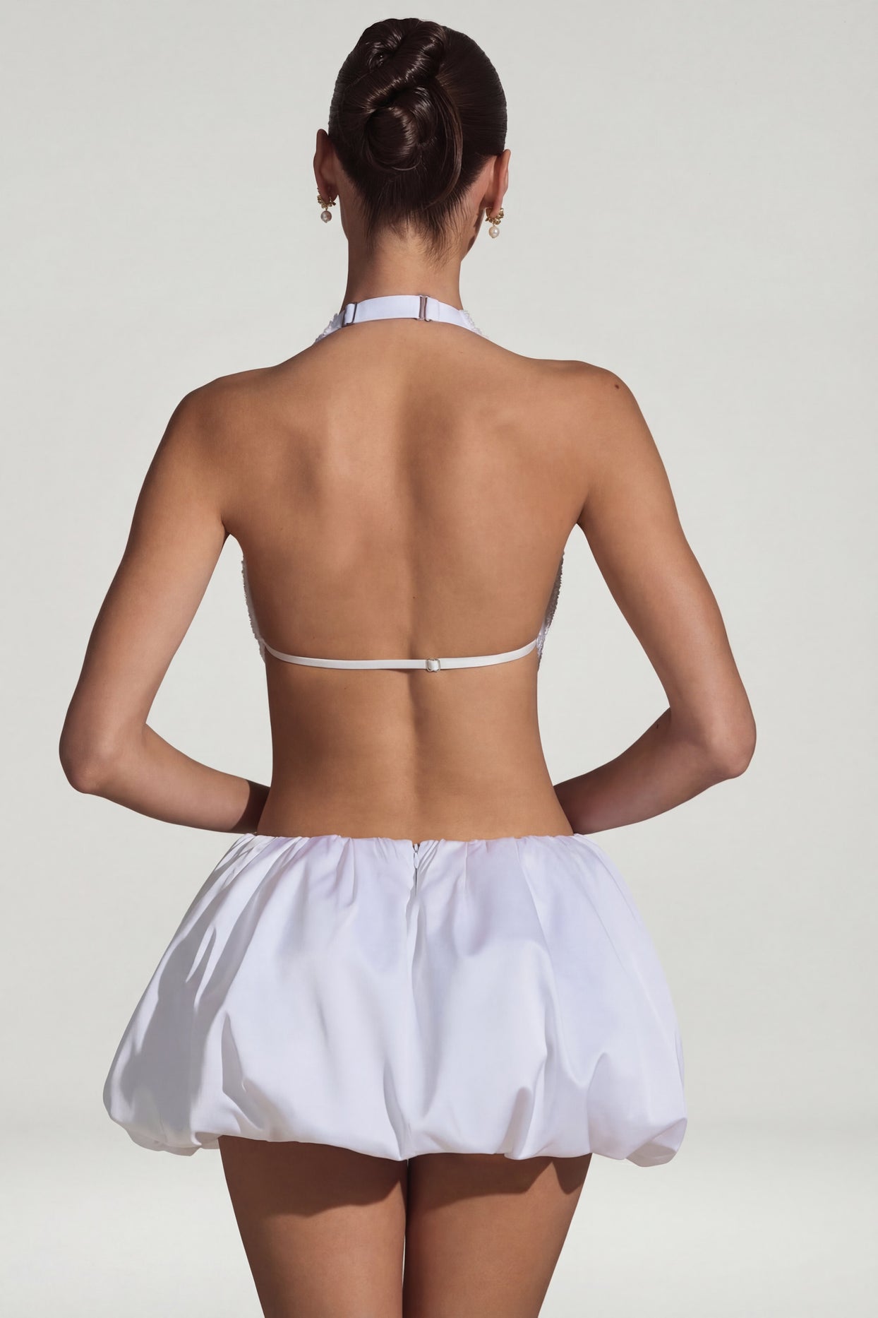 Embellished Cut-Out Bubble Hem Mini Dress in White - 3
