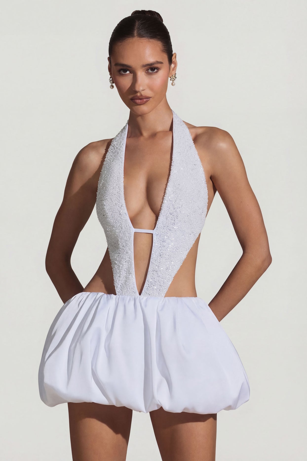 Embellished Cut-Out Bubble Hem Mini Dress in White - 8