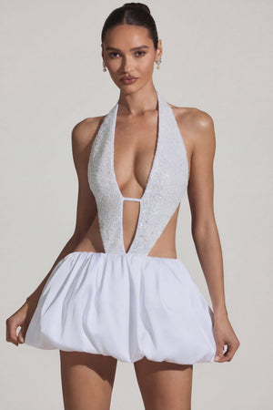 Oh Polly's Anna wearing the Cece Mini Dress in White Embellished, Recycled Satin fabric perfect for rooftop brunches