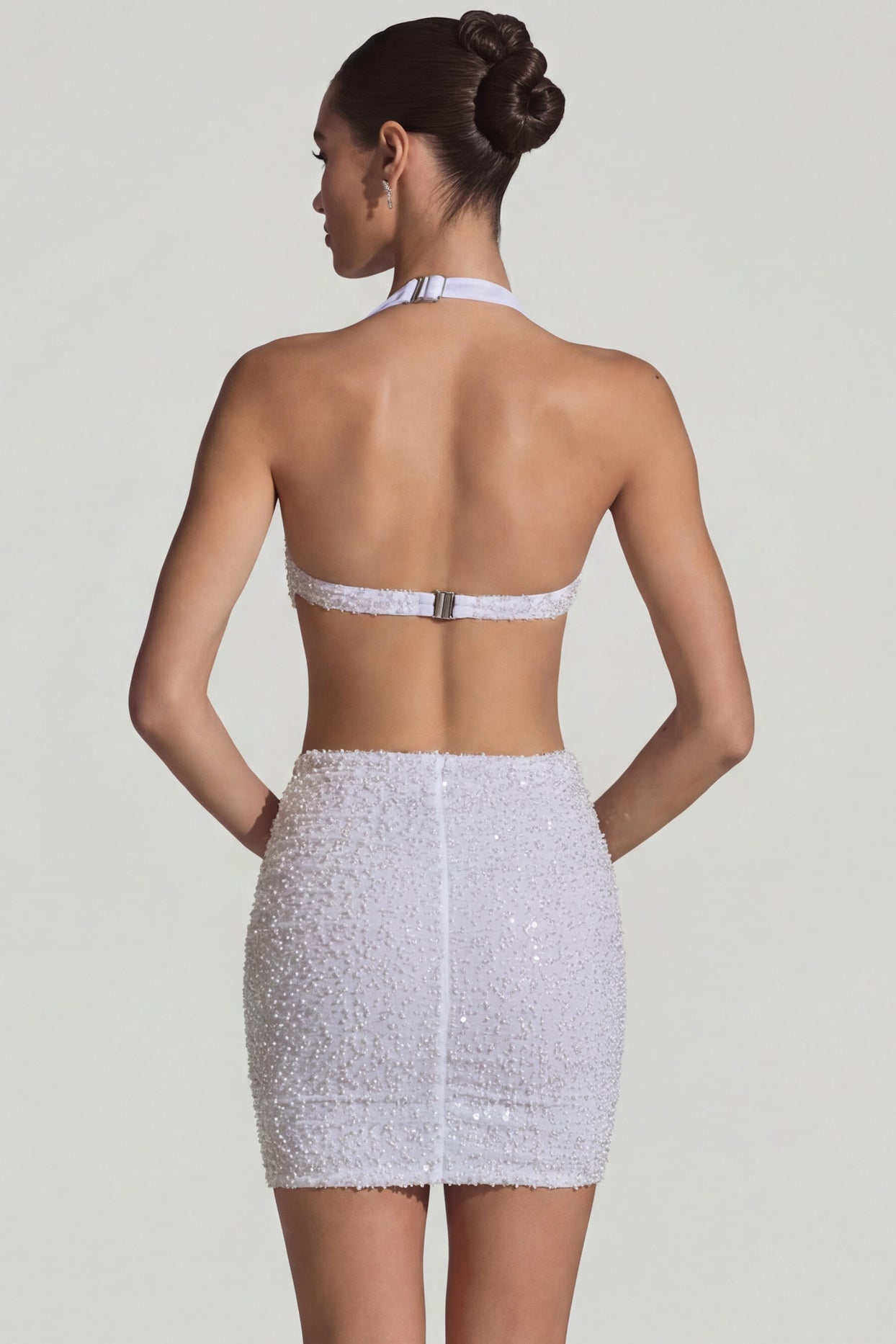 Embellished Cut-Out Halterneck Mini Dress in White - 7