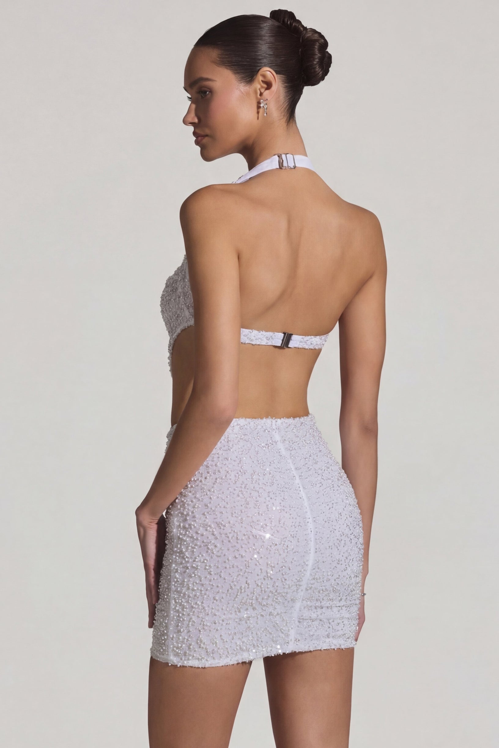 Embellished Cut-Out Halterneck Mini Dress in White - 2