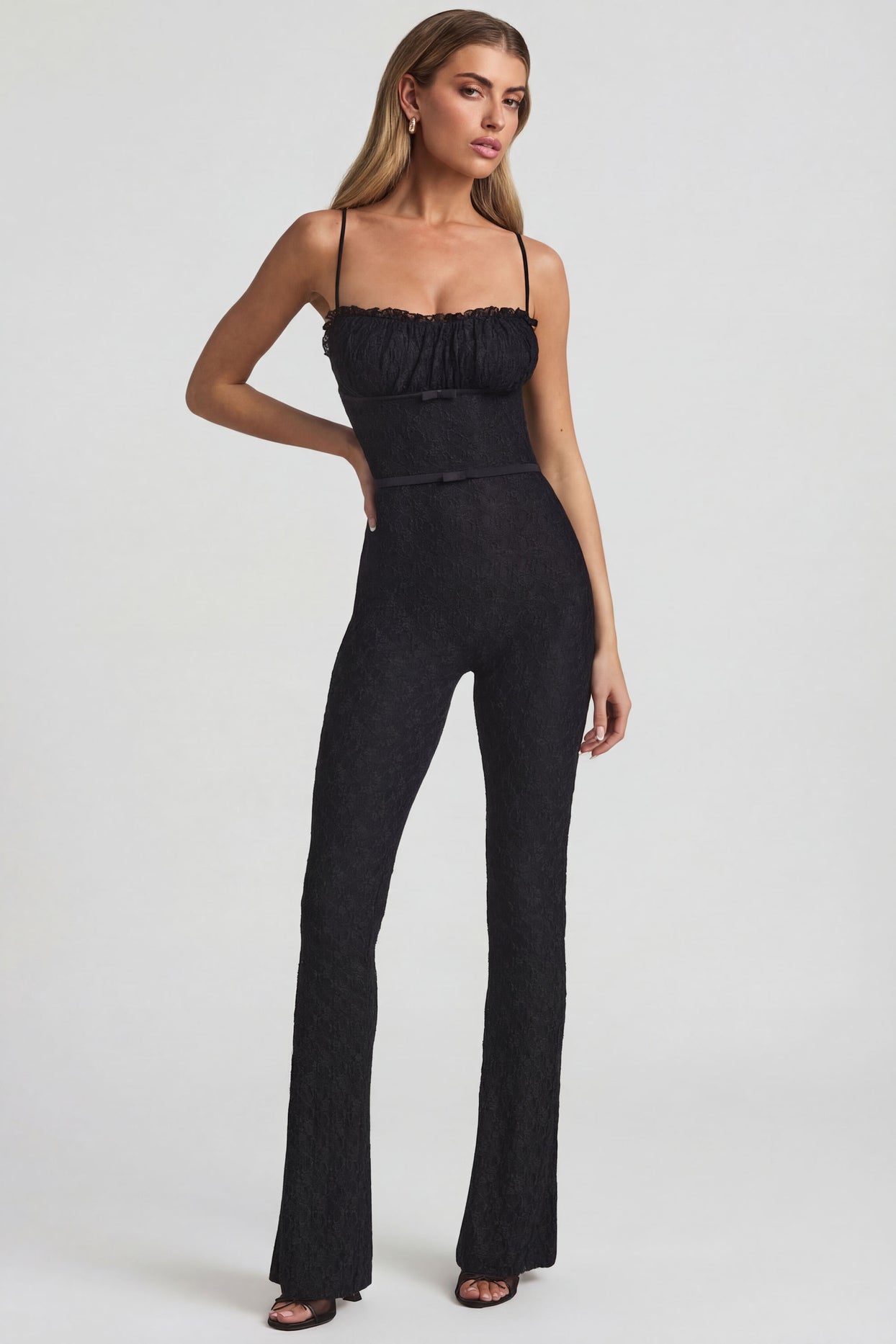Bow-Detail Lace Flared Jumpsuit in Black - 6