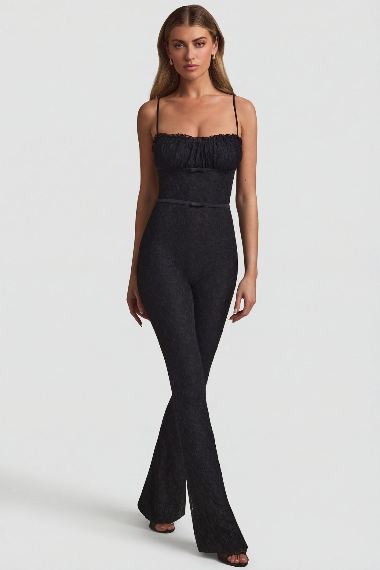 Bow-Detail Lace Flared Jumpsuit in Black - 7