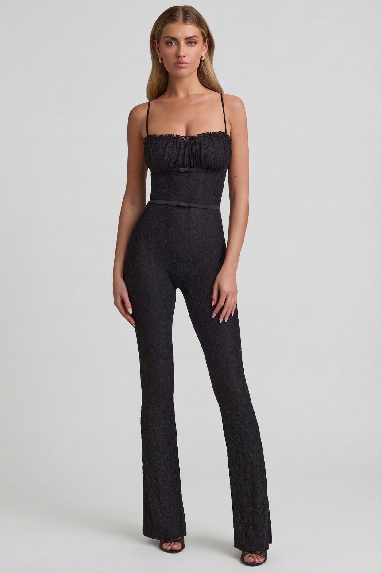Bow-Detail Lace Flared Jumpsuit in Black - 1