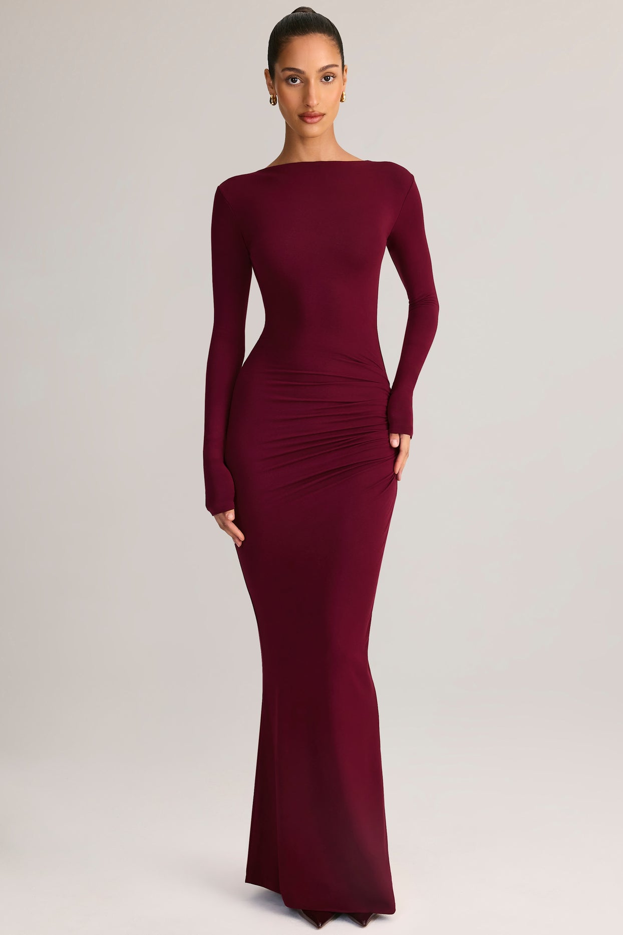 Modal Ruched Backless Maxi Dress in Wine - 6