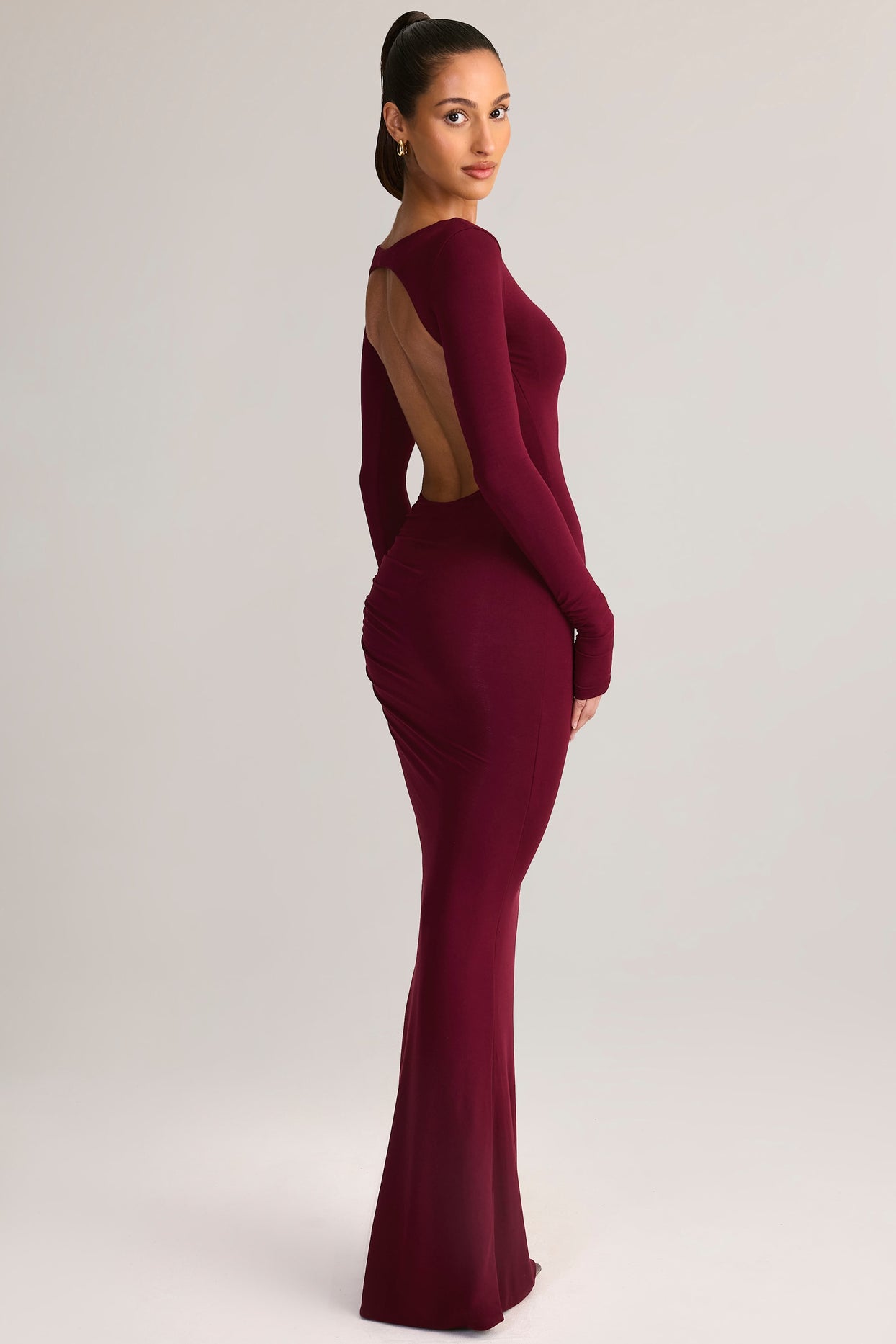 Modal Ruched Backless Maxi Dress in Wine - 3