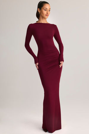 Modal Ruched Backless Maxi Dress in Wine