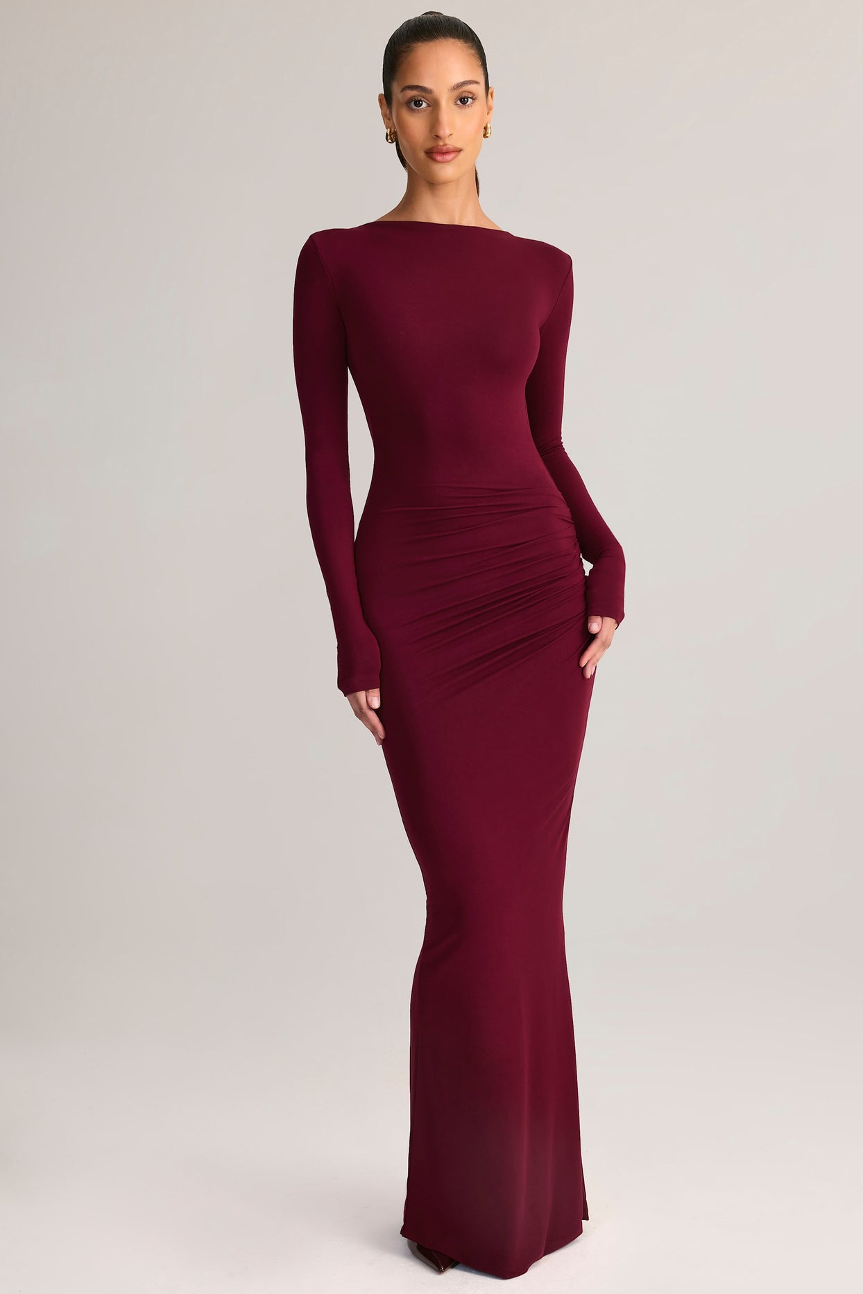 Modal Ruched Backless Maxi Dress in Wine - 8