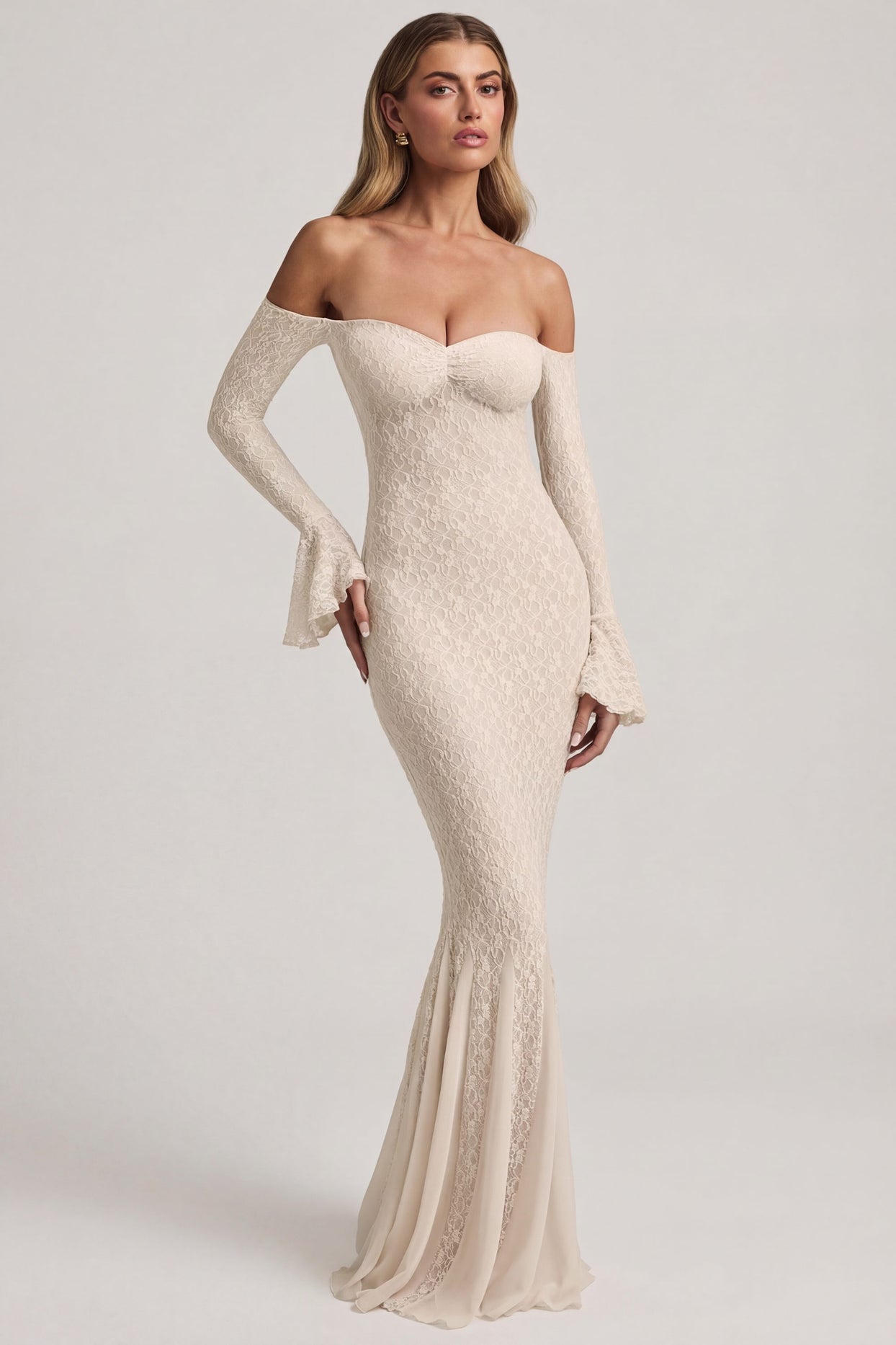Off-Shoulder Ruffle Lace Maxi Dress in Ivory - 5