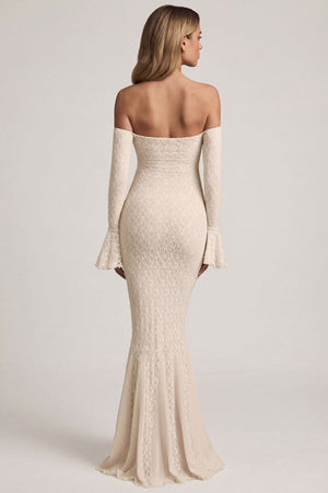 Oh Polly's Freya Tidy wearing the Verena Maxi Dress in Ivory Stretch Lace fabric perfect for summer garden parties