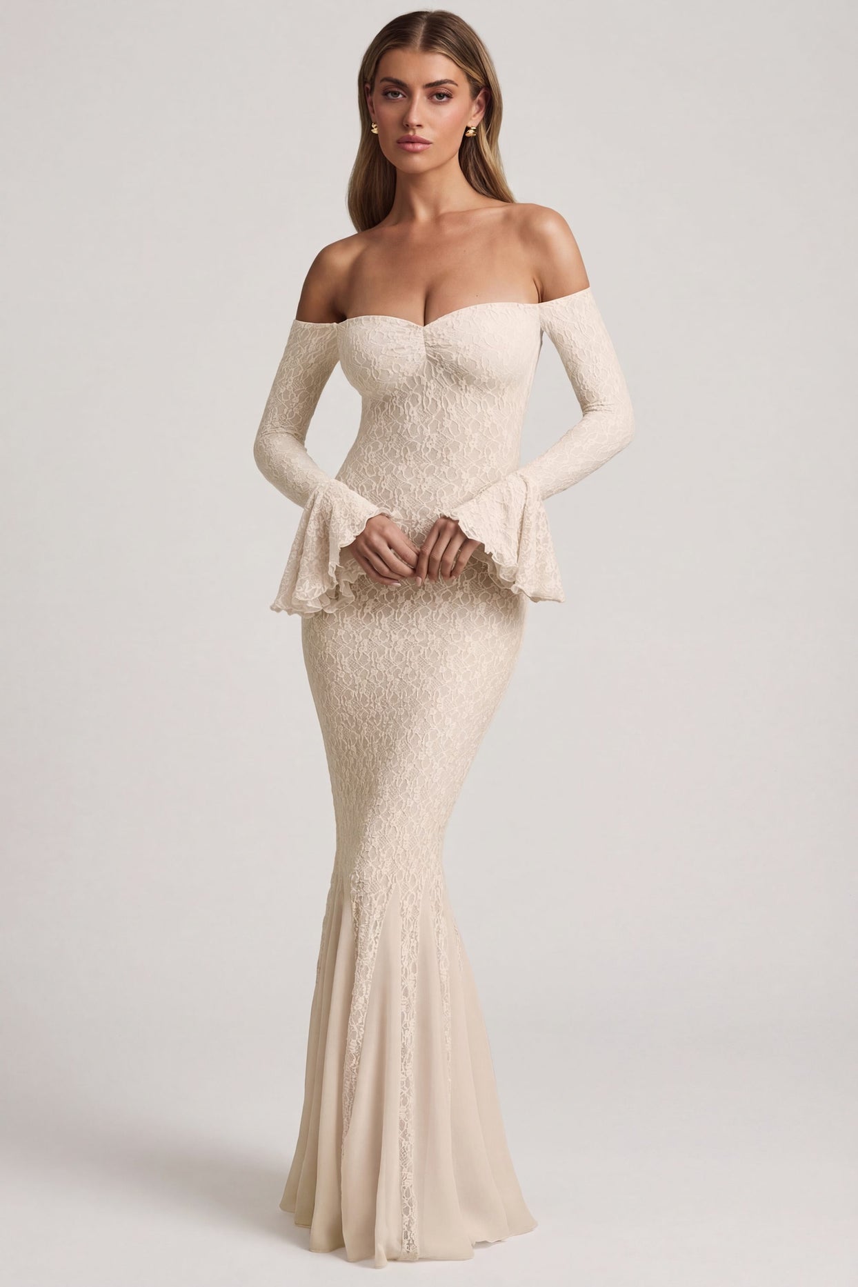 Off-Shoulder Ruffle Lace Maxi Dress in Ivory - 1