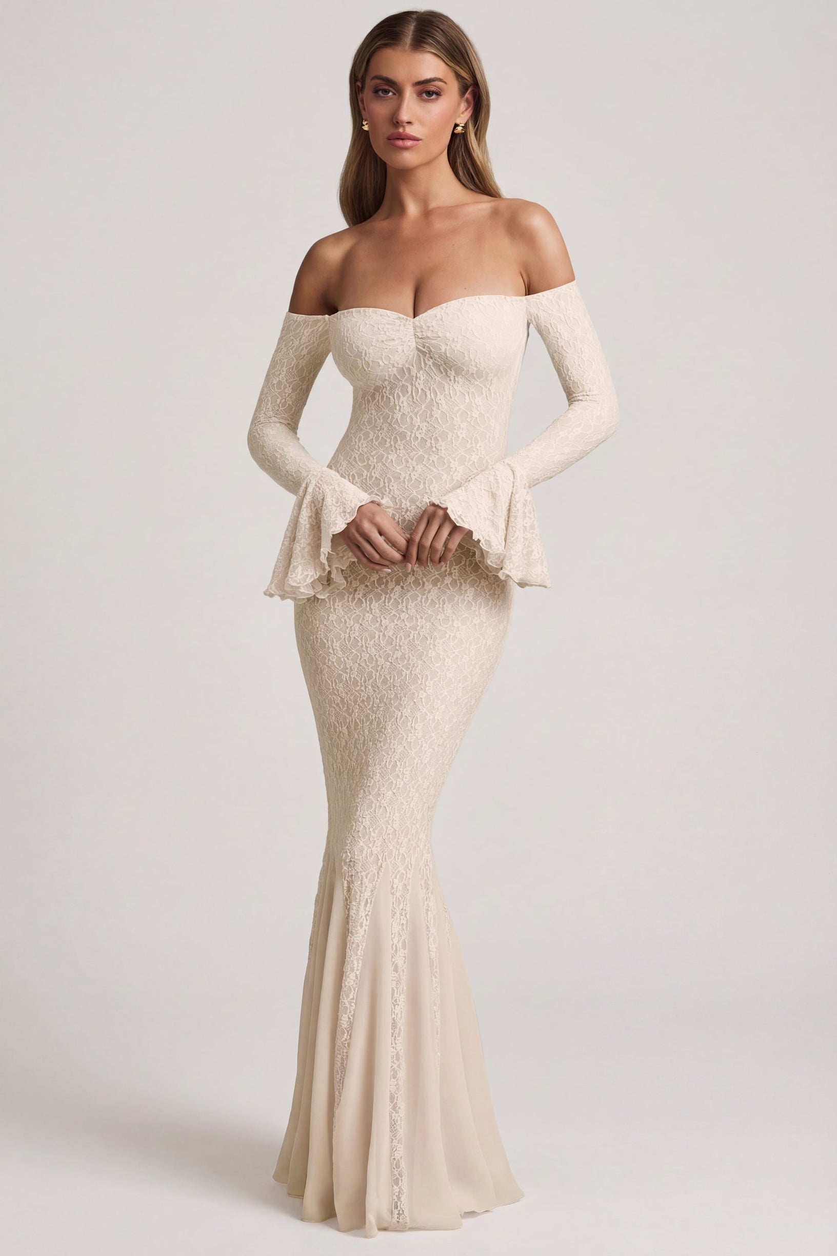 Off-Shoulder Ruffle Lace Maxi Dress in Ivory - 1