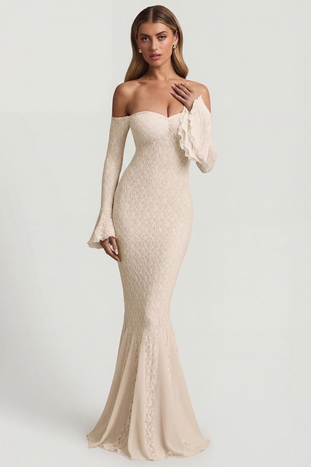 Off-Shoulder Ruffle Lace Maxi Dress in Ivory - 6