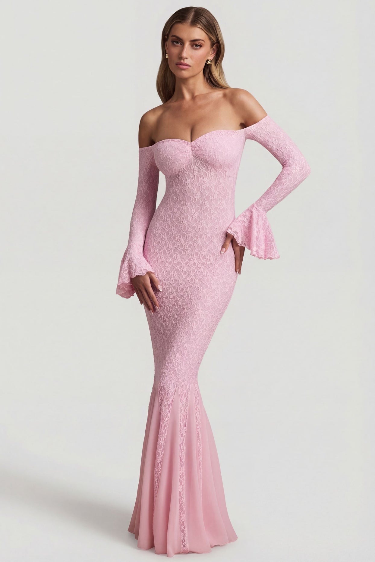 Off-Shoulder Ruffle Lace Maxi Dress in Soft Pink - 5