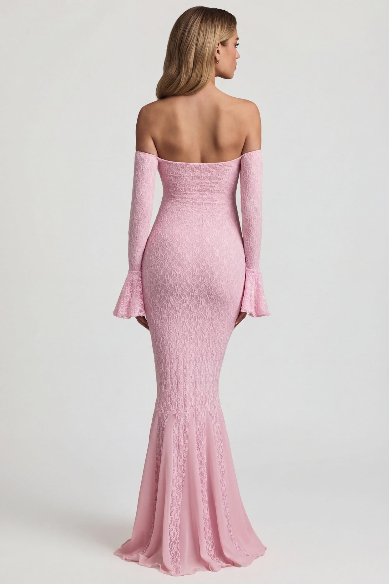 Off-Shoulder Ruffle Lace Maxi Dress in Soft Pink - 2