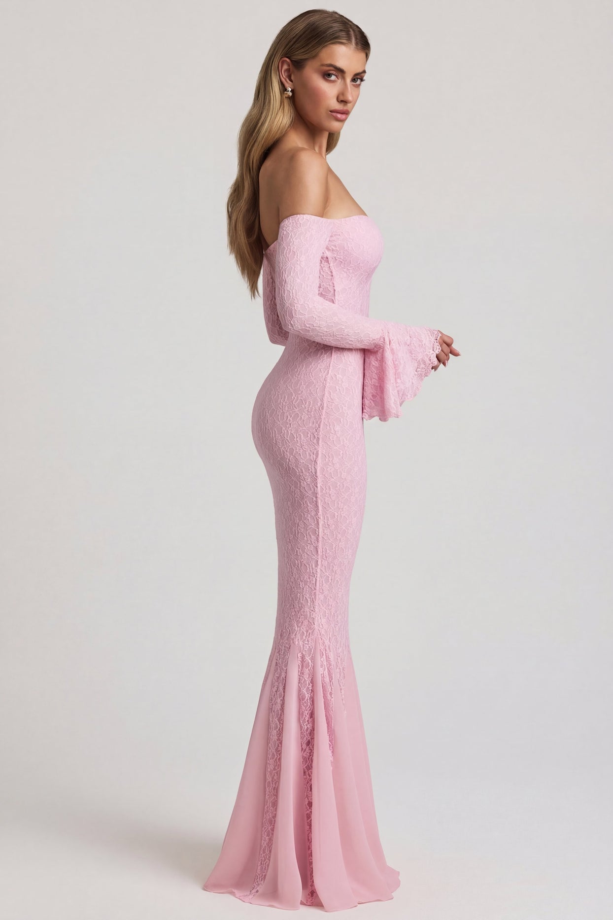 Off-Shoulder Ruffle Lace Maxi Dress in Soft Pink - 3