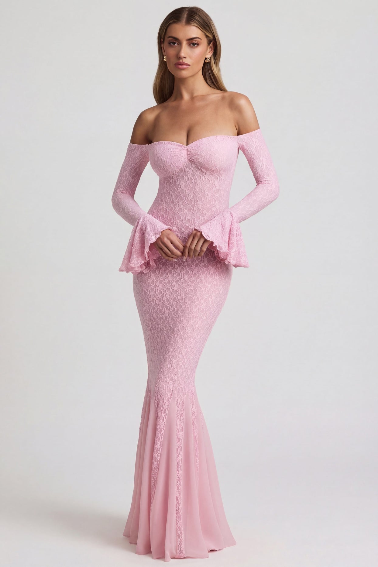 Off-Shoulder Ruffle Lace Maxi Dress in Soft Pink - 6