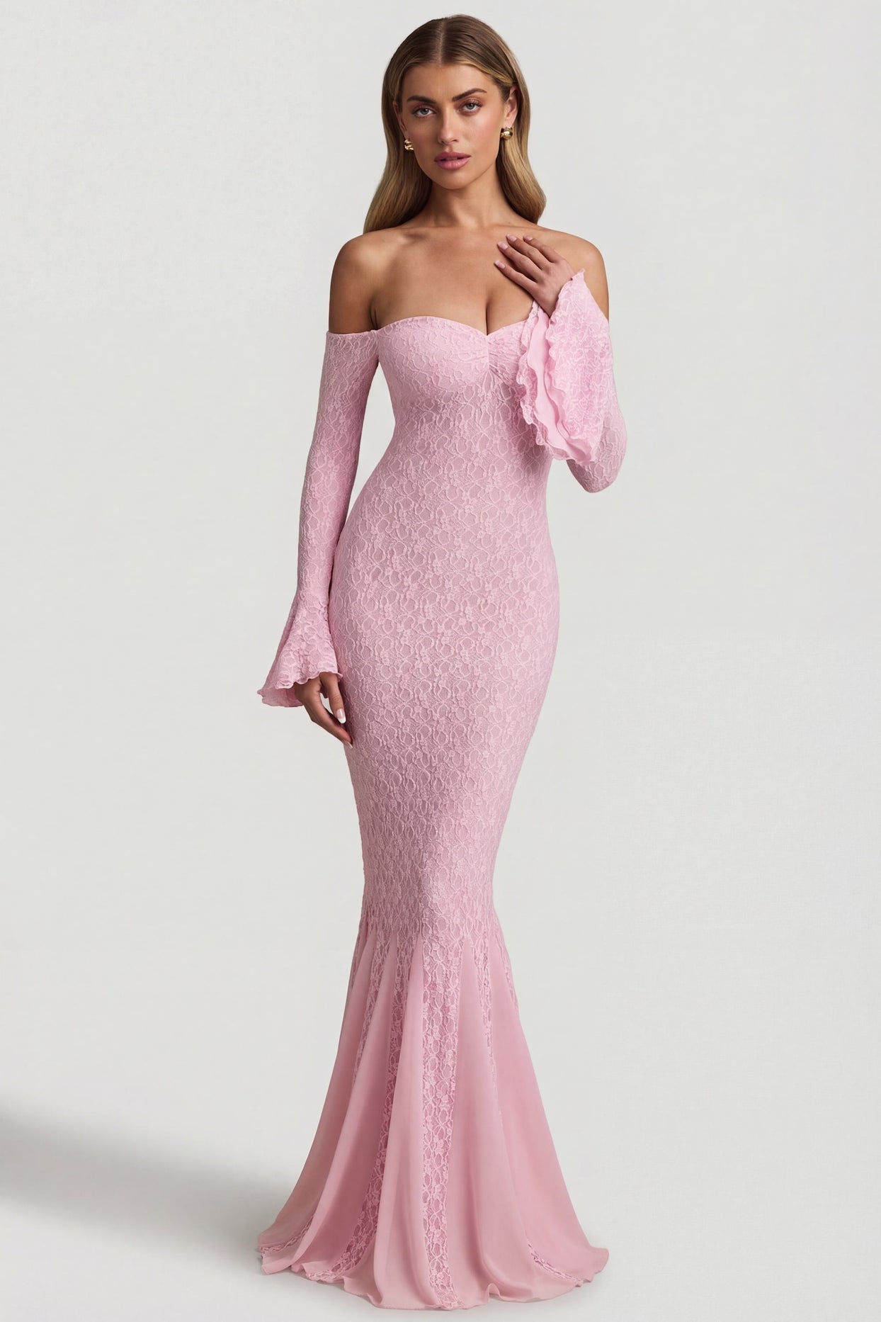 Off-Shoulder Ruffle Lace Maxi Dress in Soft Pink - 8