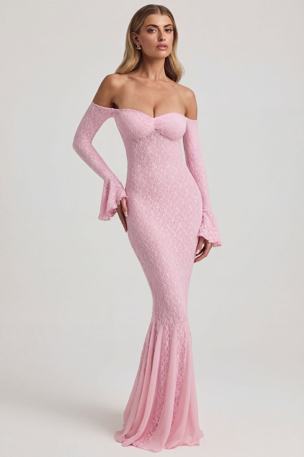 Off-Shoulder Ruffle Lace Maxi Dress in Soft Pink - 7