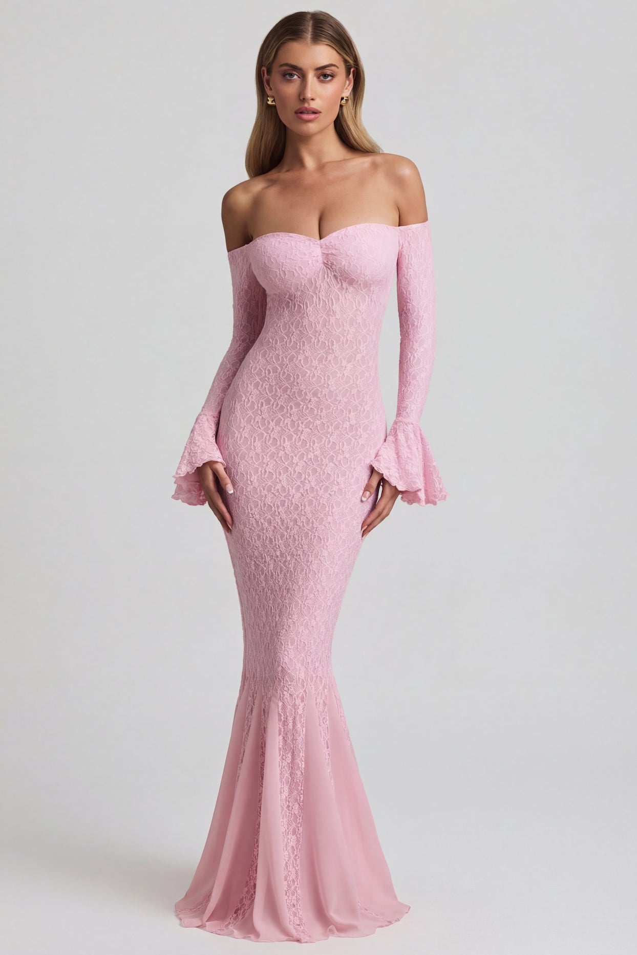 Off-Shoulder Ruffle Lace Maxi Dress in Soft Pink - 1
