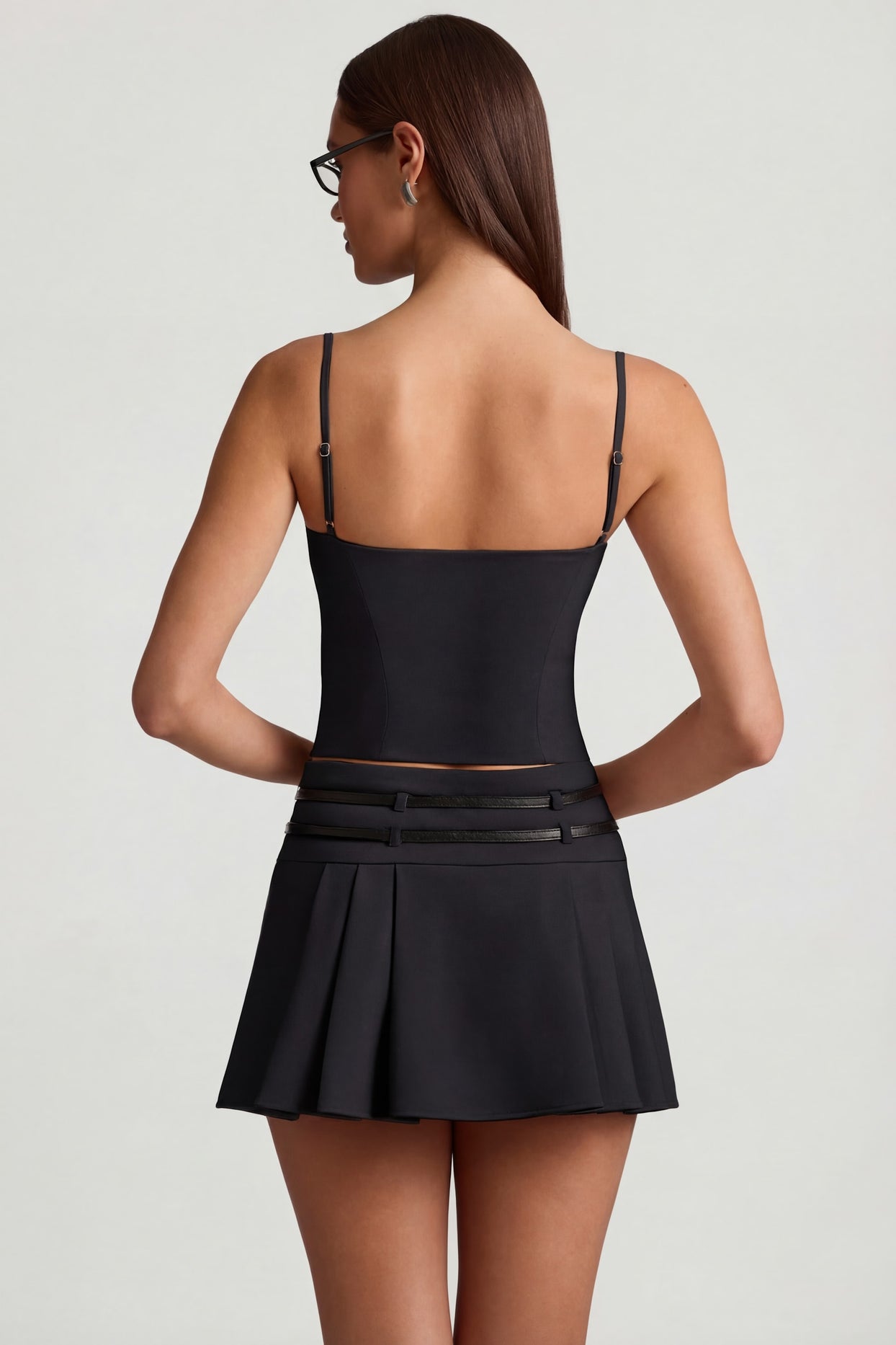 Belted Low-Rise Pleated Mini Skirt in Black - 2