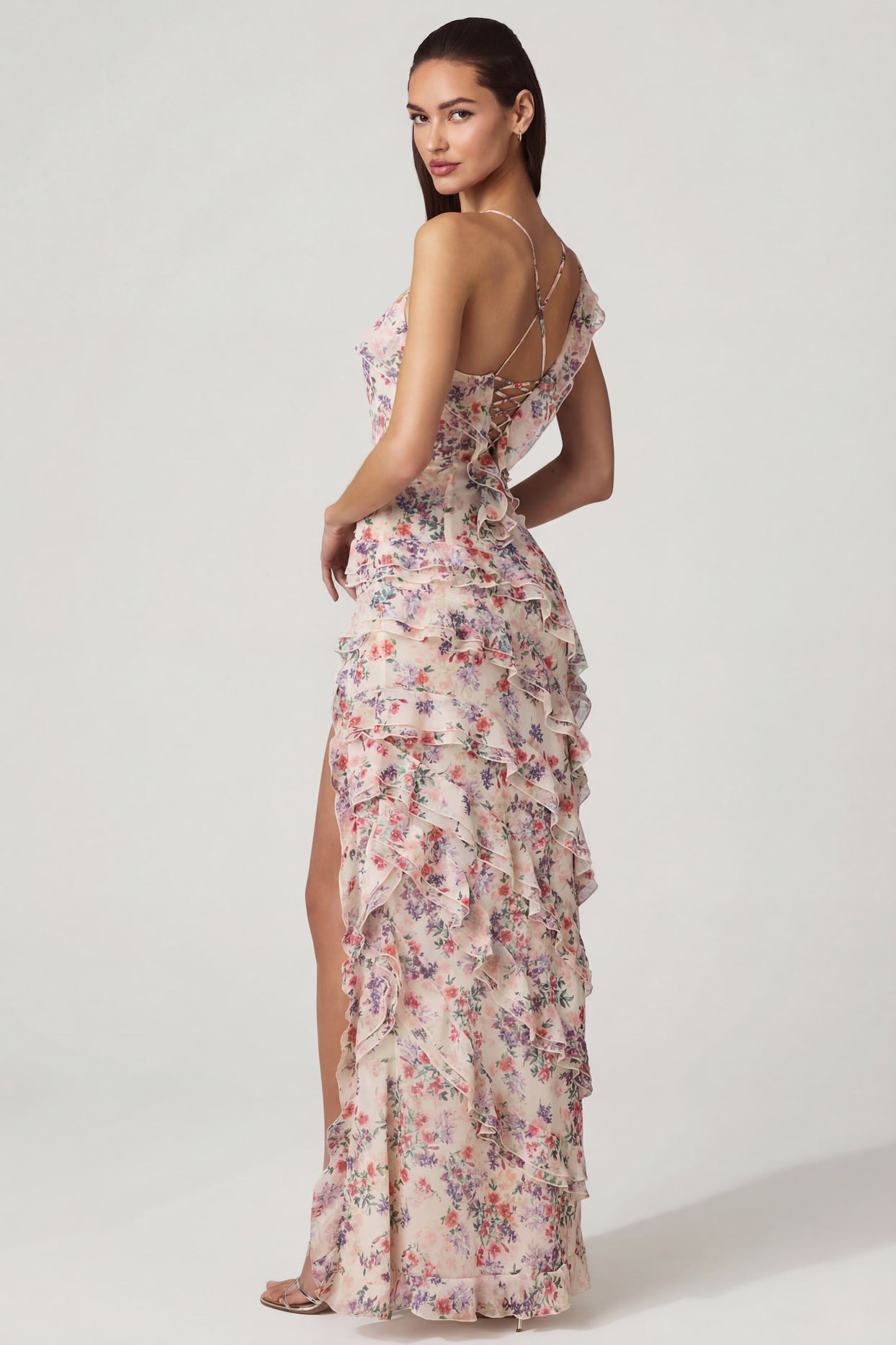 Asymmetric Ruffled Lace-Up Gown in Primrose Floral Print - 2