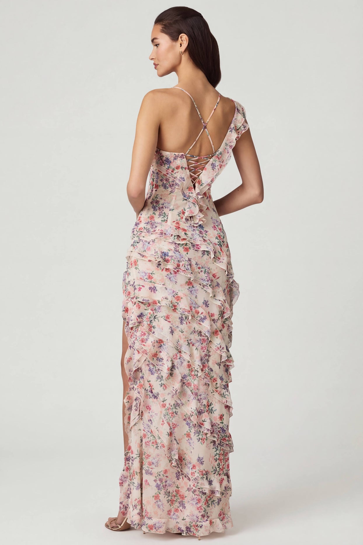 Asymmetric Ruffled Lace-Up Gown in Primrose Floral Print - 3