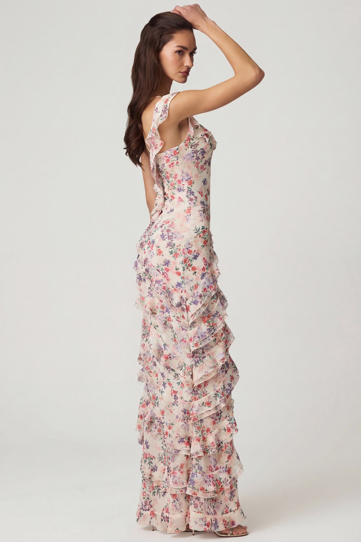 Asymmetric Ruffled Lace-Up Gown in Primrose Floral Print - 6