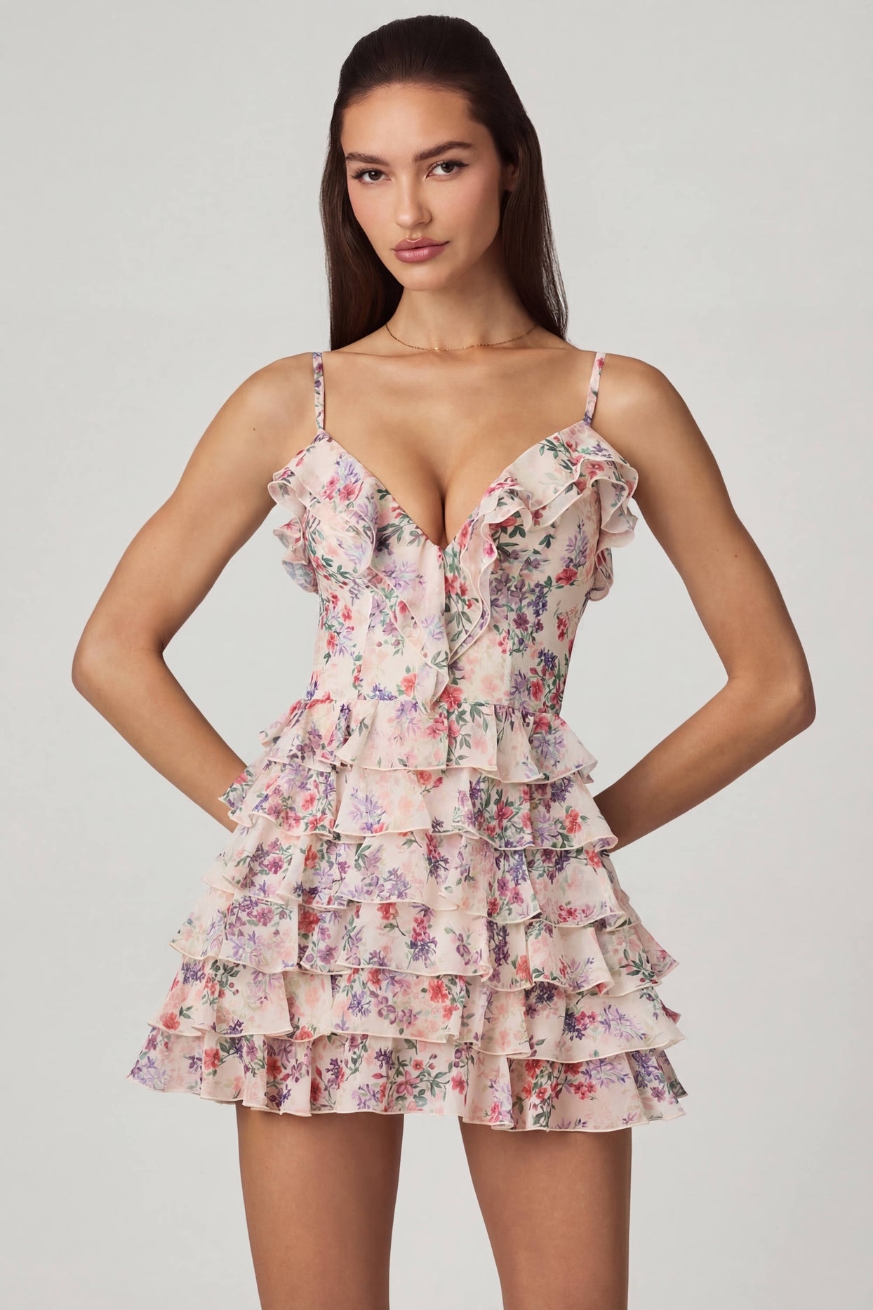 Ruffled Lace-Up A-Line Mini Dress in Primrose Floral Print - 1